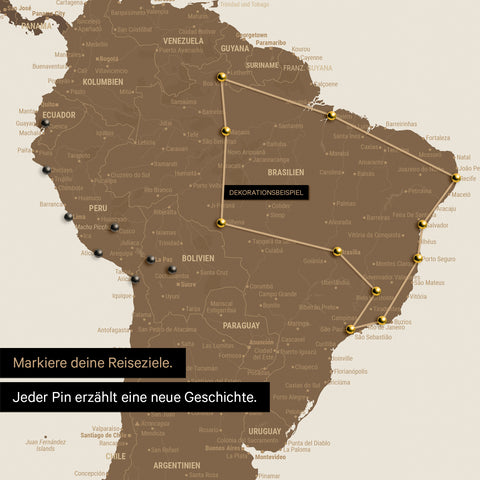 Detail of a push pin world map in Multicolor Brown with pins, showing a mapped out travel route in South America through the countries of Brazil, Peru and Ecuador