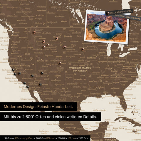 Detailed push pin world map in Multicolor Brown for marking up to 2,600 travel destinations in the USA, Canada and Mexico, ideal for visual representation of past trips and future travel plans