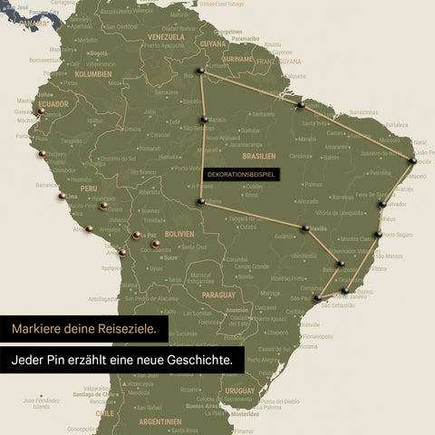 Detail of a push pin world map in Multicolor Vivid with pins, showing a mapped out travel route in South America through the countries of Brazil, Peru and Ecuador