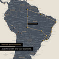 Detail of a push pin world map in Navy Light with pins, showing a mapped out travel route in South America through the countries of Brazil, Peru and Ecuador