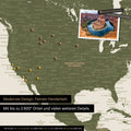 Detailed push pin world map in Olive Green for marking up to 2,600 travel destinations in the USA, Canada and Mexico, ideal for visual representation of past trips and future travel plans