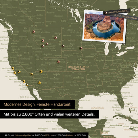 Detailed push pin world map in Olive Green for marking up to 2,600 travel destinations in the USA, Canada and Mexico, ideal for visual representation of past trips and future travel plans