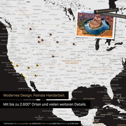 Detailed push pin world map in Black & White for marking up to 2,600 travel destinations in the USA, Canada and Mexico, ideal for visual representation of past trips and future travel plans