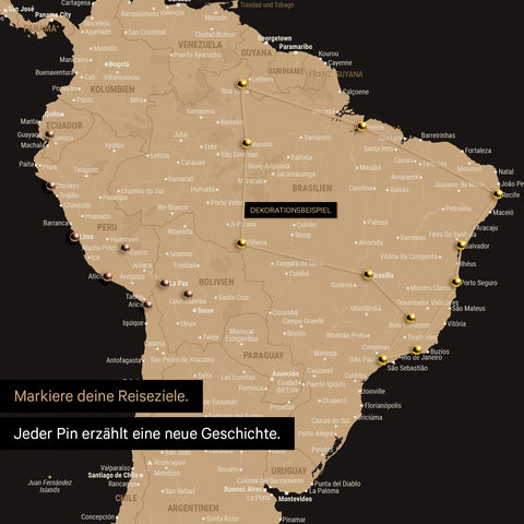 Detail of a push pin world map in Sonar Black-Gold with pins, showing a mapped out travel route in South America through the countries of Brazil, Peru and Ecuador