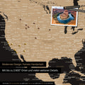 Detailed push pin world map in Sonar Black-Gold for marking up to 2,600 travel destinations in the USA, Canada and Mexico, ideal for visual representation of past trips and future travel plans