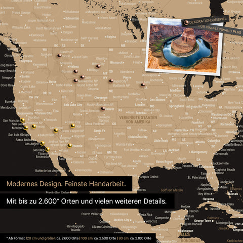 Detailed push pin world map in Sonar Black-Gold for marking up to 2,600 travel destinations in the USA, Canada and Mexico, ideal for visual representation of past trips and future travel plans