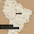 Detail of a push pin world map in Treasure Gold with pins, showing a mapped out travel route in South America through the countries of Brazil, Peru and Ecuador