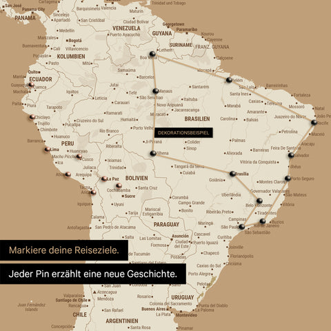 Detail of a push pin world map in Treasure Gold with pins, showing a mapped out travel route in South America through the countries of Brazil, Peru and Ecuador