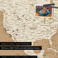 Detailed push pin world map in Treasure Gold for marking up to 2,600 travel destinations in the USA, Canada and Mexico, ideal for visual representation of past trips and future travel plans