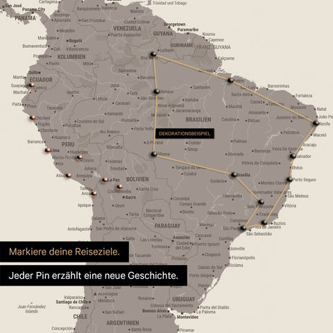 Detail of a push pin world map in Warmgray with pins, showing a mapped out travel route in South America through the countries of Brazil, Peru and Ecuador