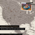 Detailed push pin world map in Warmgray for marking up to 2,600 travel destinations in the USA, Canada and Mexico, ideal for visual representation of past trips and future travel plans