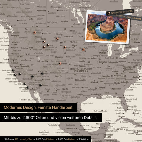 Detailed push pin world map in Warmgray for marking up to 2,600 travel destinations in the USA, Canada and Mexico, ideal for visual representation of past trips and future travel plans