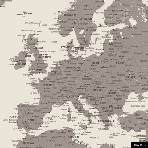 A detailed section of a world map pinboard in Warmgray color shows a section of Europe with all countries and capitals.