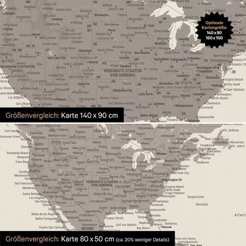 Größenvergleich einer Weltkarte Leinwand in den Formaten 140 x 90 cm und 80 x 50 cm