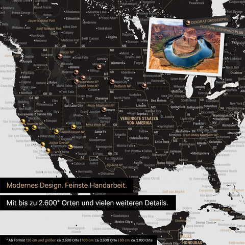Detailed push pin world map in Light Black for marking up to 2,600 travel destinations in the USA, Canada and Mexico, ideal for visual representation of past trips and future travel plans