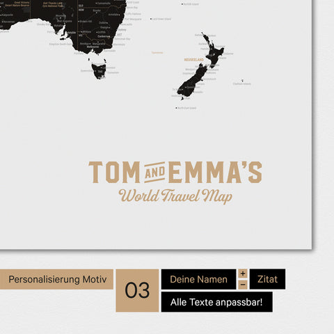 Weltkarte in Farbe Light Black mit einem Vintage-Logo als moderne Personalisierung