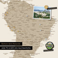 Detail of a magnetic world map as a magnetic board in Desert Sand (Beige) showing South America with a pinned photo as well as travel and vacation magnets