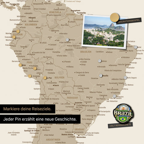 Detail of a magnetic world map as a magnetic board in Desert Sand (Beige) showing South America with a pinned photo as well as travel and vacation magnets