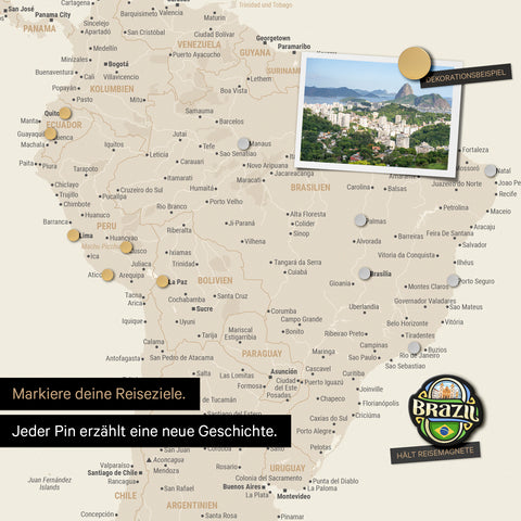 Detail of a magnetic world map as a gold magnetic board showing South America with a pinned photo as well as travel and vacation magnets