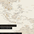 Section of a magnetic world map in gold showing a map of Asia, with magnets marking travel destinations