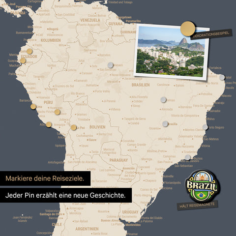 Detail of a magnetic world map as a magnetic board in Hale Navy (dark blue-gold) showing South America with a pinned photo as well as travel and vacation magnets