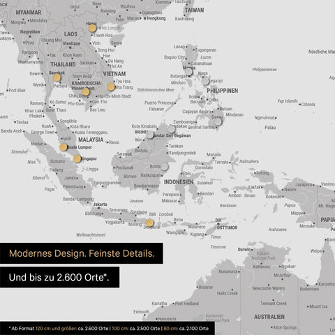 Section of a light gray magnetic world map showing a map of Asia, with magnets marking travel destinations