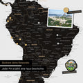 Detail of a magnetic world map as a magnetic board in Light Black (White Black) showing South America with a pinned photo as well as travel and vacation magnets