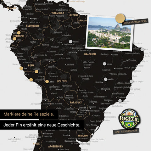 Detail of a magnetic world map as a magnetic board in Light Black (White Black) showing South America with a pinned photo as well as travel and vacation magnets