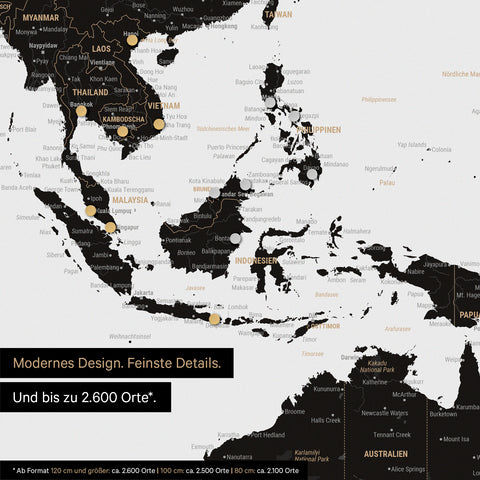Section of a magnetic world map in Light Black (White Black) showing a map of Asia, with magnets marking travel destinations