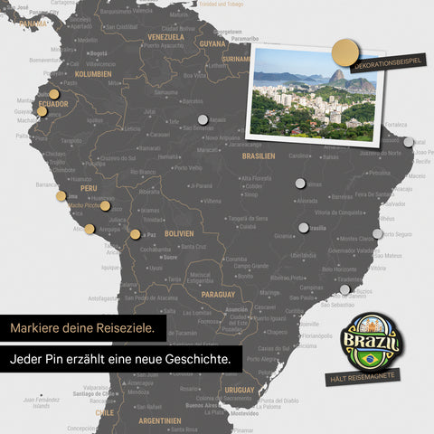 Detail of a magnetic world map as a magnetic board in light gray showing South America with a pinned photo as well as travel and vacation magnets
