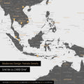 Section of a magnetic world map in Light Gray showing a map of Asia, with magnets marking travel destinations