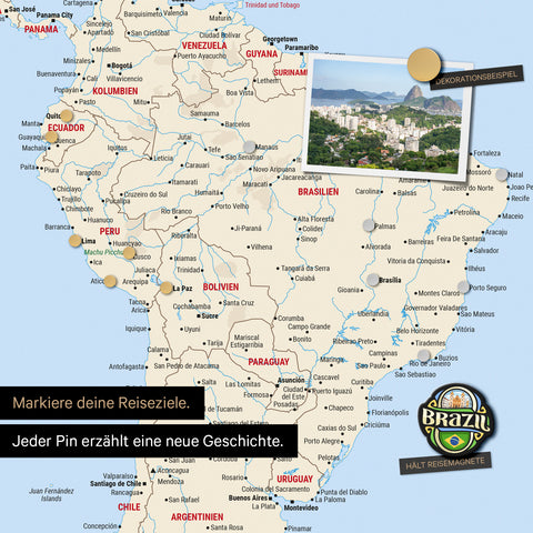 Detail of a magnetic world map as a magnetic board in Multicolor Classic showing South America with a pinned photo as well as travel and vacation magnets