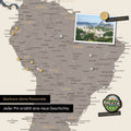 Detail of a magnetic world map as a multicolor matte magnetic board showing South America with a pinned photo as well as travel and vacation magnets