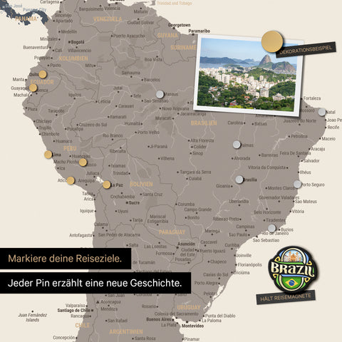 Detail of a magnetic world map as a multicolor matte magnetic board showing South America with a pinned photo as well as travel and vacation magnets