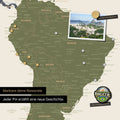 Detail of a magnetic world map as a magnetic board in Multicolor Vivid showing South America with a pinned photo as well as travel and vacation magnets