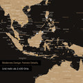 Section of a magnetic world map in Multicolor Sonar Black (Black-Gold) showing a map of Asia, with magnets marking travel destinations