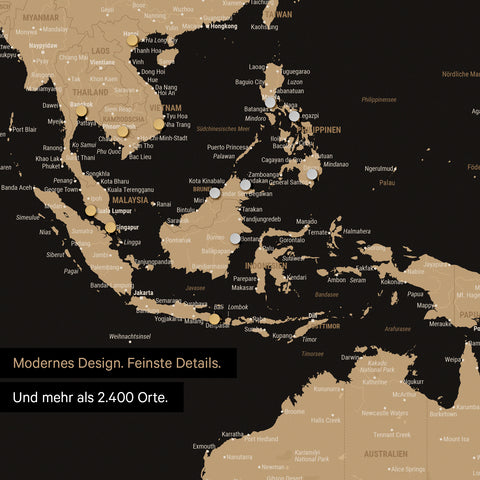 Section of a magnetic world map in Multicolor Sonar Black (Black-Gold) showing a map of Asia, with magnets marking travel destinations