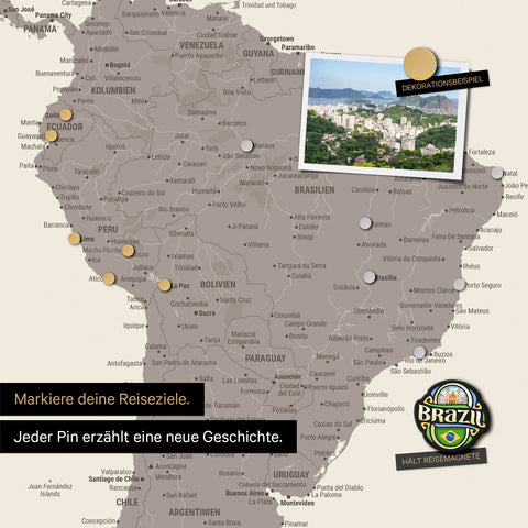 Detail of a magnetic world map as a magnetic board in warm gray (brown-gray) showing South America with a pinned photo as well as travel and vacation magnets