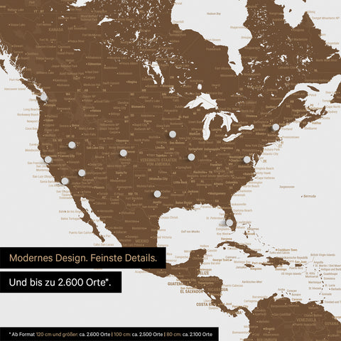 Pinning travel destinations on a magnetic world map as a brown magnet poster
