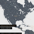 Pinning travel destinations on a magnetic world map as a magnet poster in Denim Blue