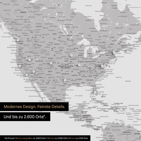 Pinning travel destinations on a magnetic world map as a magnet poster in light gray