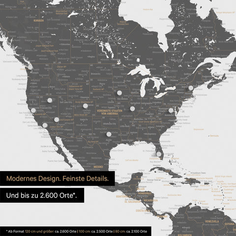 Pinning travel destinations on a magnetic world map as a magnet poster in Light Gray