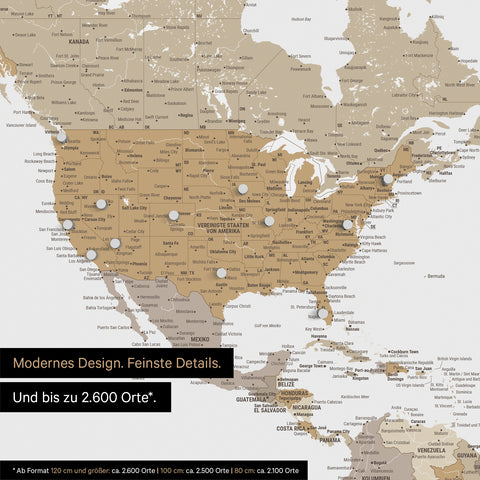 Pinning travel destinations on a magnetic world map as a magnet poster in multicolor beige