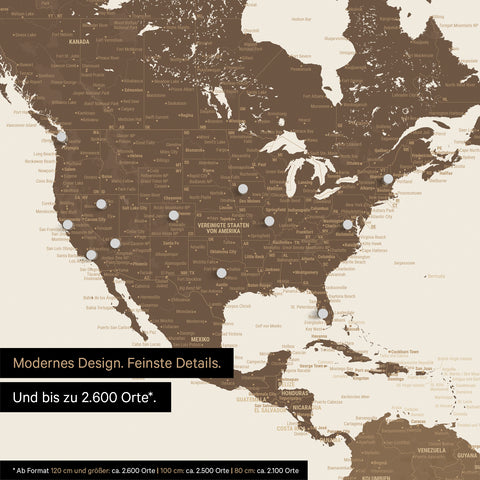 Pinning travel destinations on a magnetic world map as a magnet poster in multicolor brown