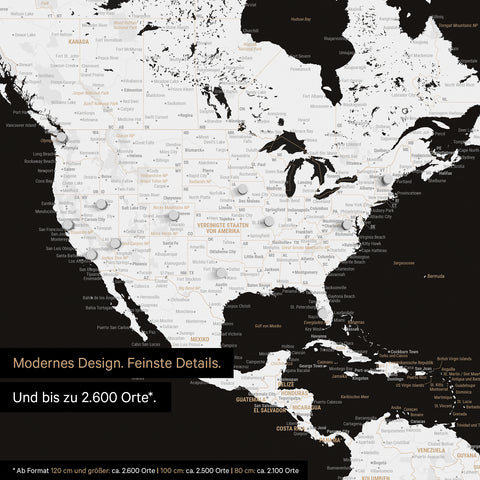 Pinning travel destinations on a magnetic world map as a black and white magnet poster