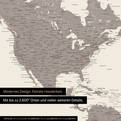 Pinning travel destinations on a magnetic world map as a magnet poster in Warmgray (brown-gray)