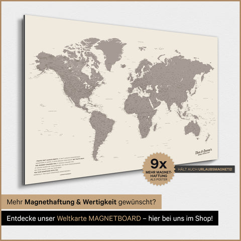 World Map TRAVEL® Magnetic Poster – Warmgray (Brown-Gray)