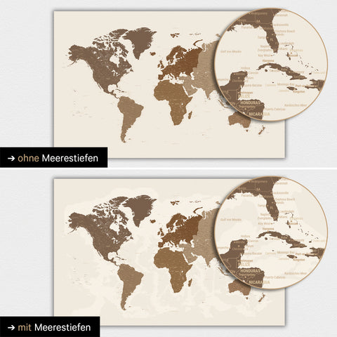 World map in multicolor brown with two-dimensional sea depths