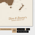 Personalized world map in multicolor brown with your name printed on it