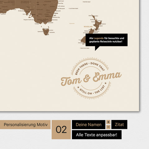 Alternative design for personalization with your name on a world map in multicolor brown